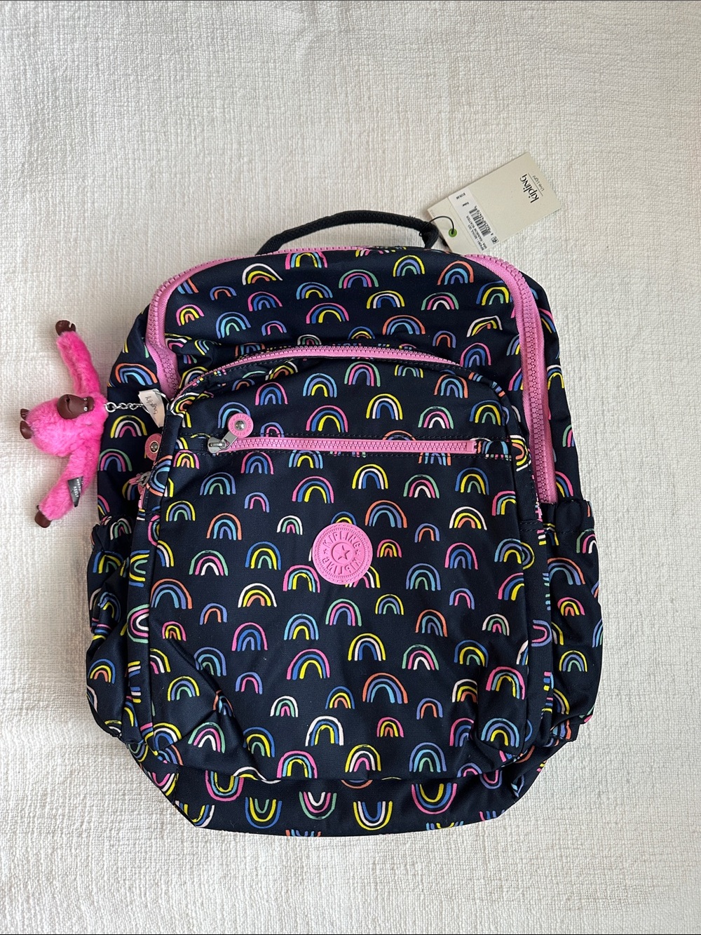 Kipling Navy Kids Backpack with Rainbow Print and Pink Accents